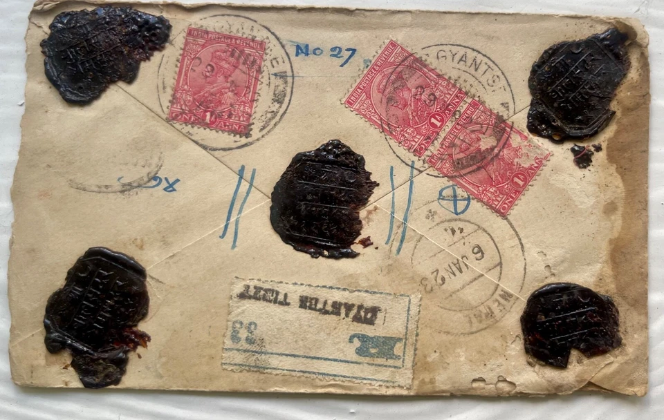 Cubierta registrada del Tíbet 1923 de Gyantse a Nepal con sellos de cera y estampillas del Rey Jorge Foto 2 de 4