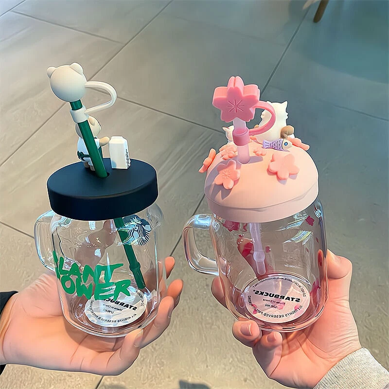 NEW Starbucks Green Apron Bear Straw Cup Glass Straw Water Cup with Lid HOT! - image 3 of 4