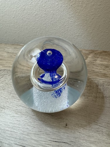 Glass Paperweight Adam Jablonski Signed Round Clear Blue Bubble Ring