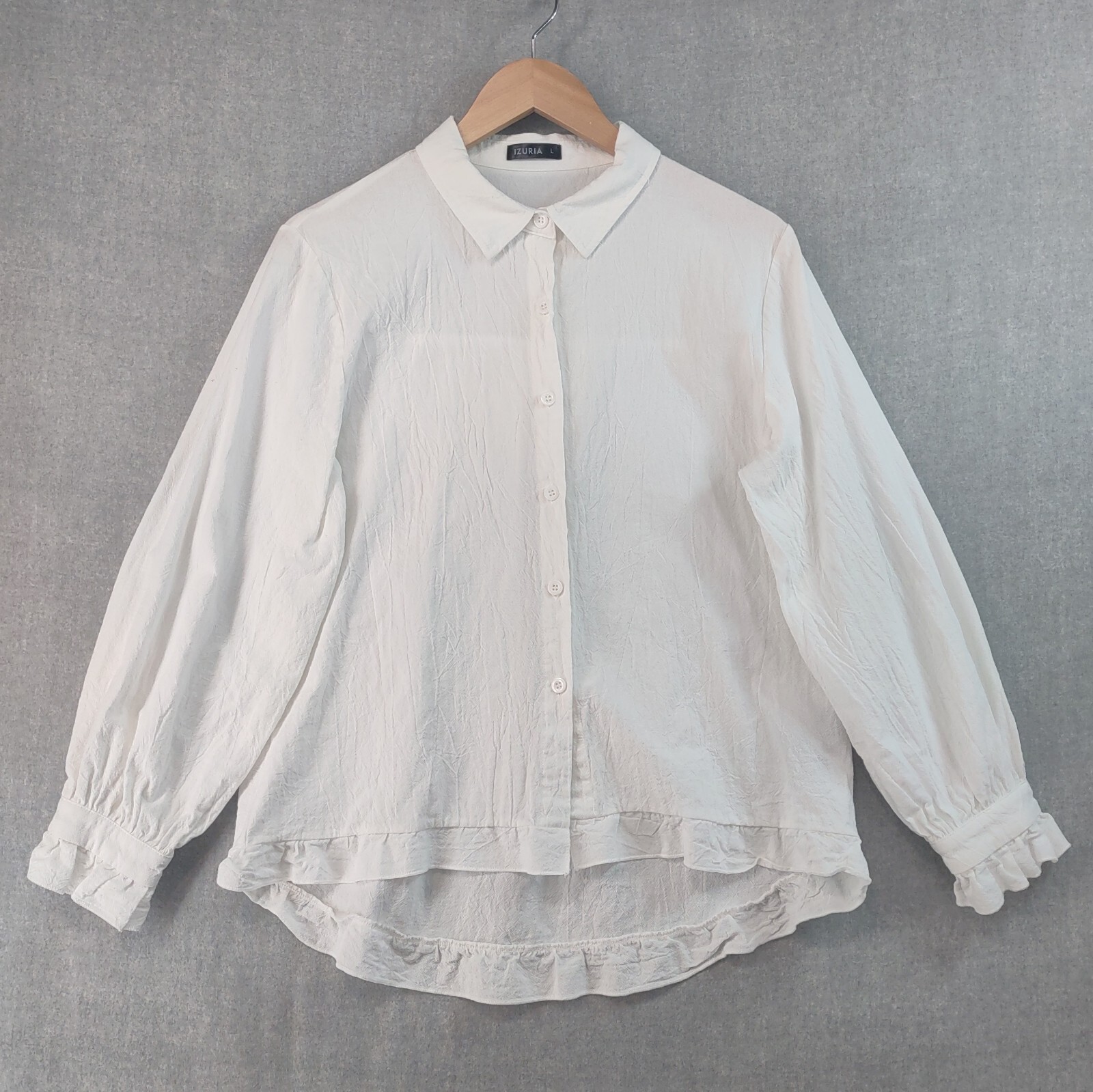 Izuria Top Womens Large White Lagenlook Gauzy Linen Ruffle Button Up Long Sleeve