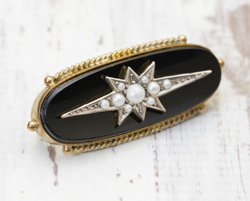 Antique Victorian Mourning Brooch/Pin In Gilt Metal Onyx & Seed Pearls