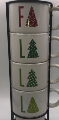 Christmas 4 Coffee Mug Stacking Set Metal Rack Stoneware FaLaLaLa Cocoa Cup  14oz | eBay