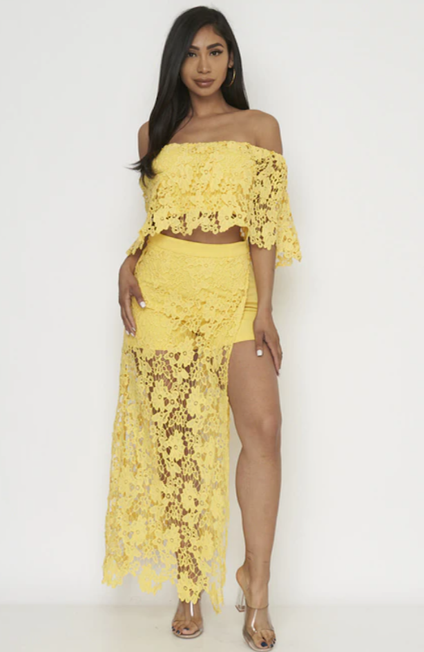 Yellow Two Piece Lace Crop top and shorts set | eBay