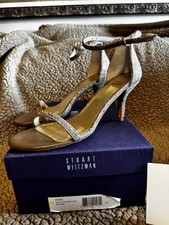 Stuart Weitzman Womens Metallic Lace Ankle Strap High Heeled Sandals Gold Size 8