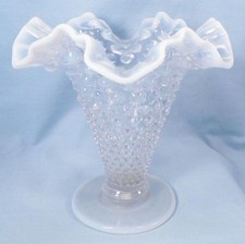 Fenton French Opalescent Hobnail Vase Trumpet 5.25 in Crimped Ruffled Vintage