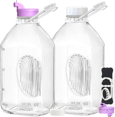 2 Pack 64 Oz Heavy Duty Glass Milk Bottle with 1 Silicone Spout and 3 Reusable A