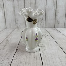 Vintage Fenton Glass Violets in Snow Ruffled Melon Vase Hand Painted 6" Signed