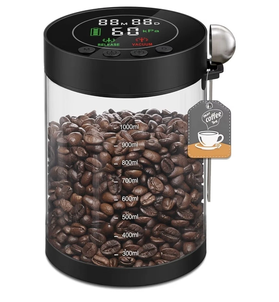 Electric Vacuum Coffee Canister, 1.3L Glass Airtight Food Storage Containers ...