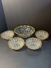Vintage Jeannette Thumbprint Gold Rim Bowl Set 9pc Clear Glass Depression