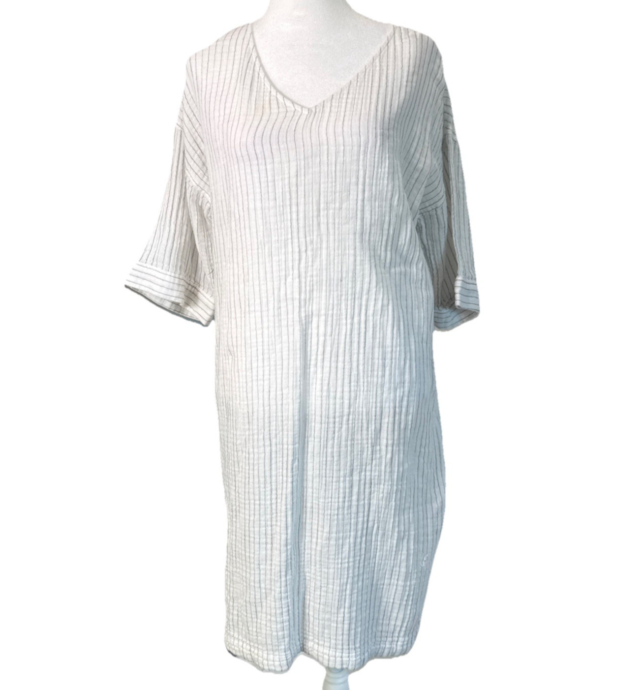 Eileen Fisher White Organic Cotton Grey Striped Gauze Dress MED Comfy Lagenlook