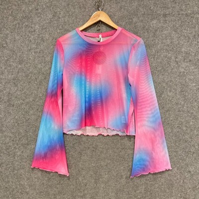 NEW Black Friday Womens Top Size 12 Blue Pink Mesh Sheer Long Sleeve 21112