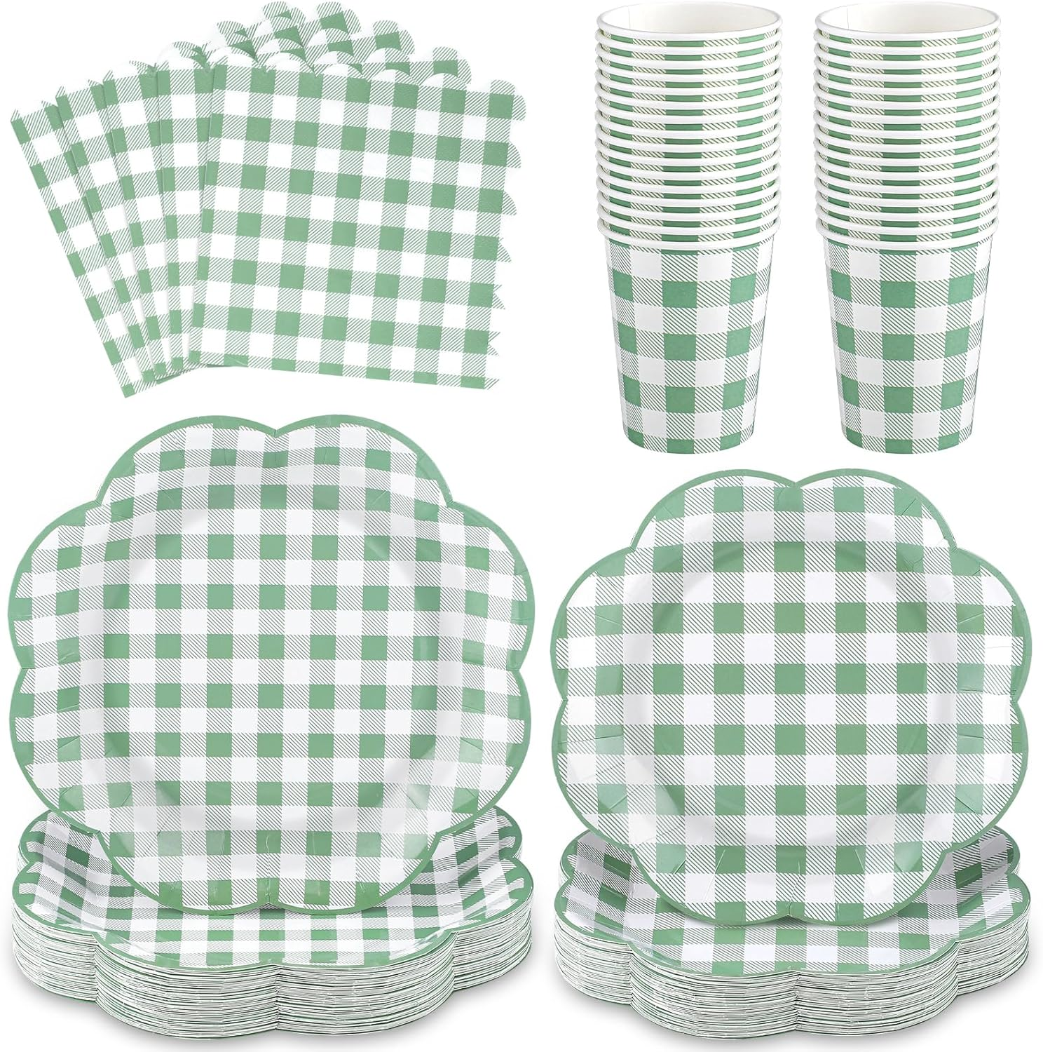 250 Pcs Sage Green Gingham Plates and Napkins, Scalloped Green and White Checker