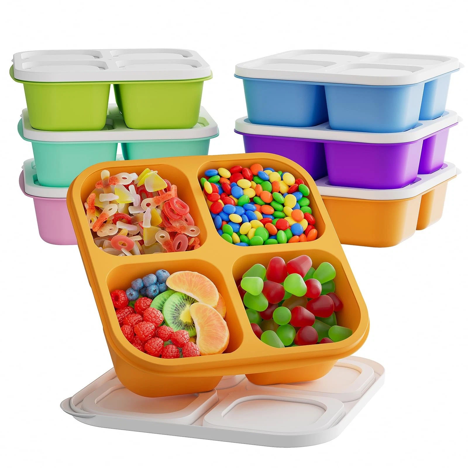 KEMETHY 6 Pcs Bento Snack Containers, Reusable 4 Compartment Small, 6 Color