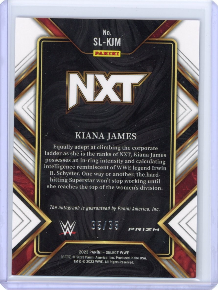 2023 Panini Select WWE Kiana James Signature Selections Blue Auto /35 RC Bookend view 2