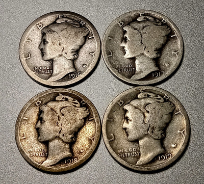 4x   1916 1917 1918 1919 Mercury Silver Dimes 10¢ Circ. P Mints
