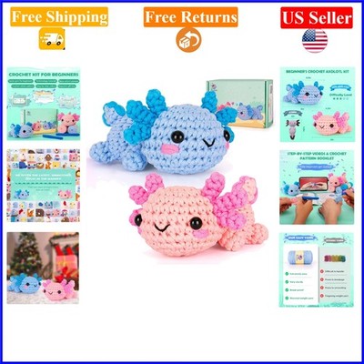 Beginner Crochet Kit with Step-by-Step Tutorials, 2 Axolotls, Blue & Pink