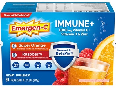 Emergen-C Immune+ 90 ct 1000 mg Vitamin C Powder with BetaVia, Zinc EXP:03/27
