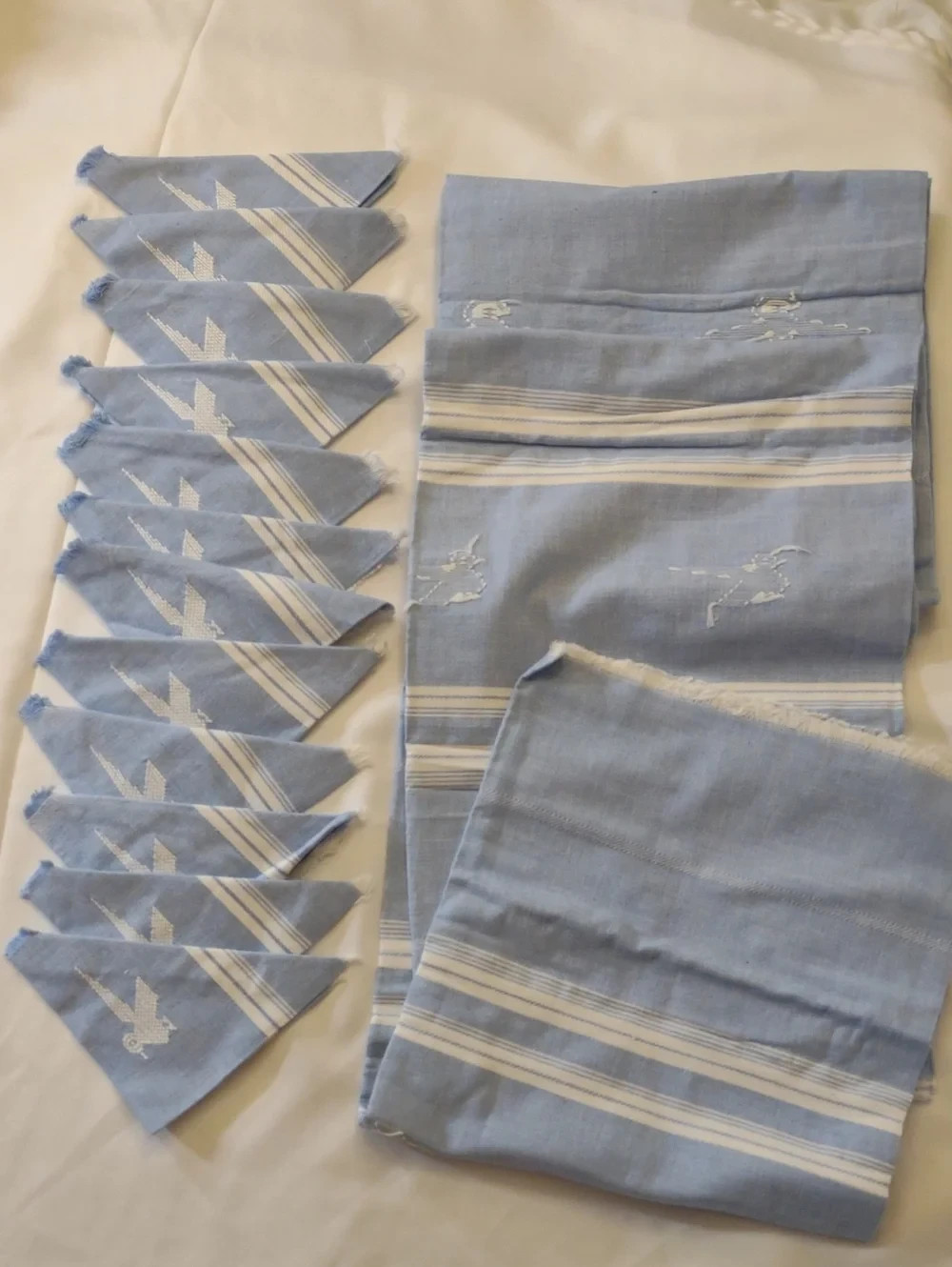 Hand woven light blue striped linen napkin and tablecloth set