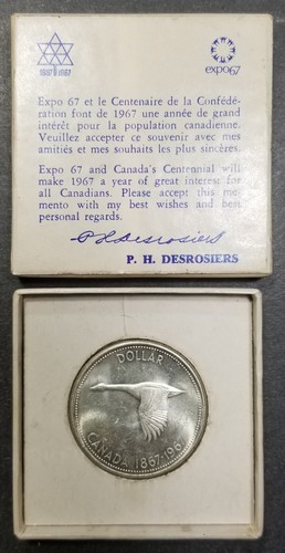 1967 CANADA $1 DOLLARO D'ARGENTO NON CIRCOLATO OCA VOLANTE IN MONTREAL 67 SCATOLA ESPOSITIVA - Foto 4 di 4