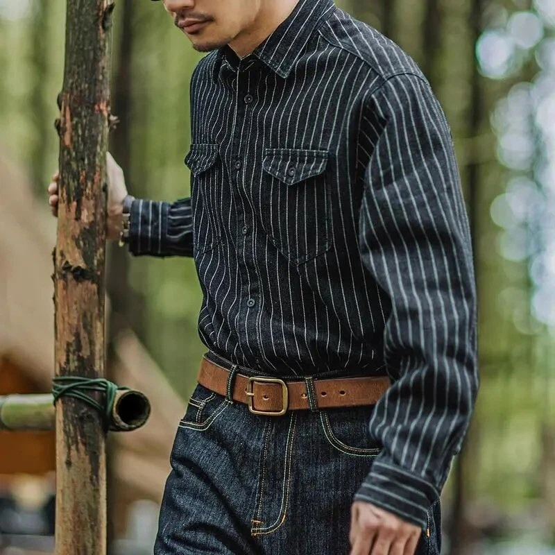 Herren Denim Gestreiftes Hemd Distressed Jeans Hemd Bluse Geknöpft Top Retro - Bild 4 von 4