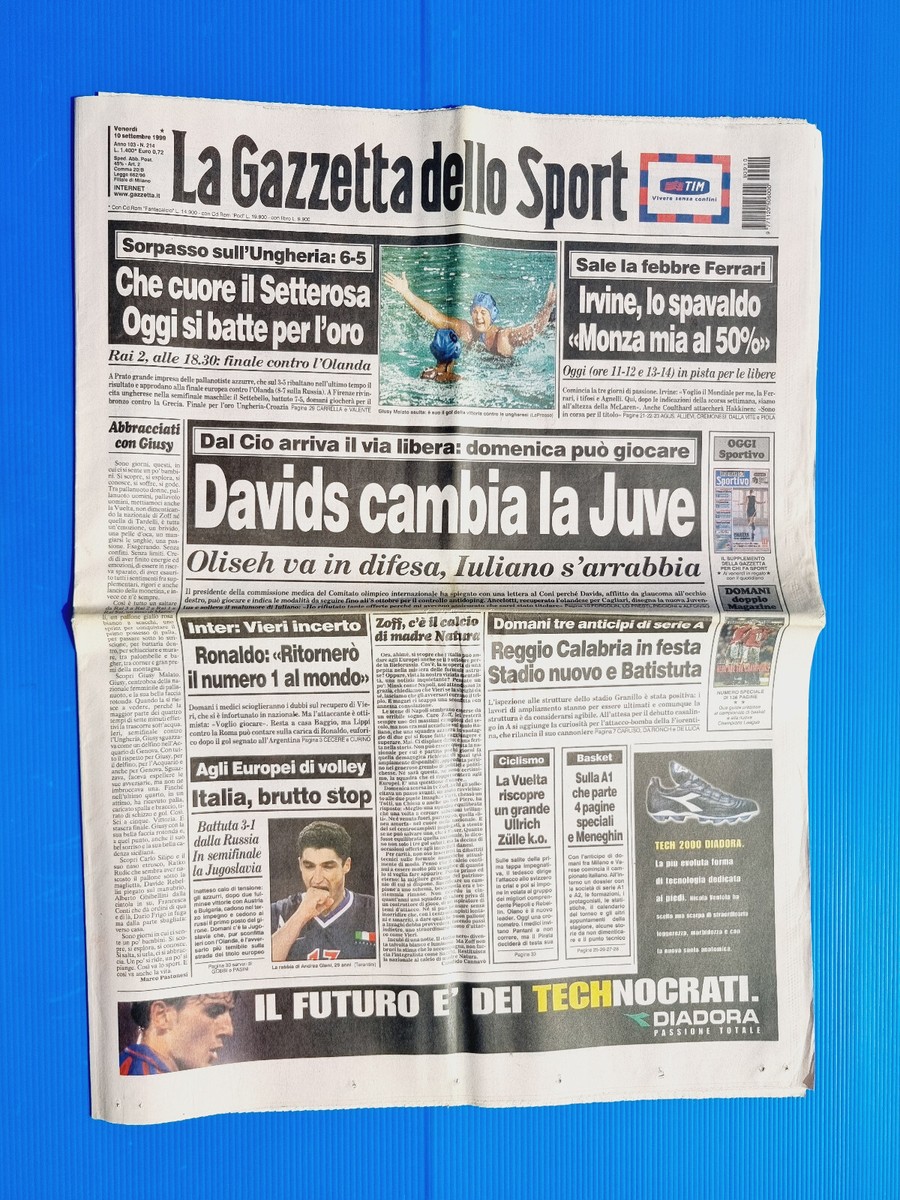 Gazzetta Dello Sport 10 Août 1999 - Del Piero, Davids, Juventus, St-Étienne, Inter