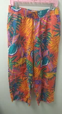 C&C California Pants Womens L Floral Linen Wide Leg Crop Coastal Tropical Beach