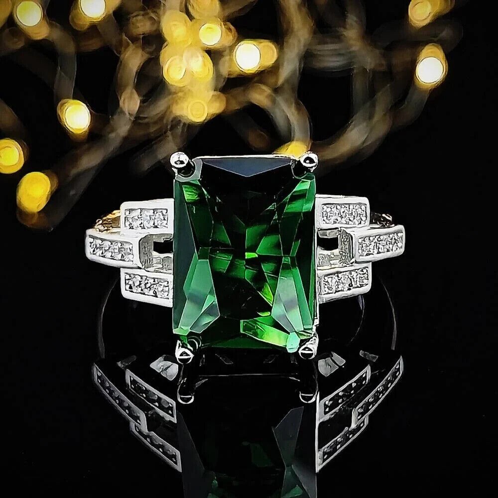 3ct Simulated Emerald Solitaire Ring in 14k White Gold Plating  