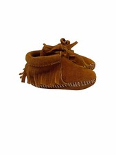 Fringed leather moccasin baby booties unisex size 2