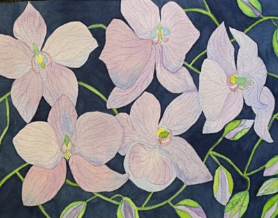 PAINTING WATERCOLOR 11X14 & MAT 16X20 FLOWERS ORCHID LAVENDER BLUE ORIGINAL ART