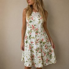 White Floral Crochet Lace Yoke Sleeveless Dress Size 10 Cottagecore Feminine