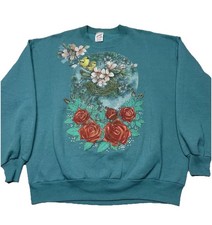 VTG 90s Blue Rose Floral Bird Print Sweatshirt Sz XL Retro Granny Garden Spring