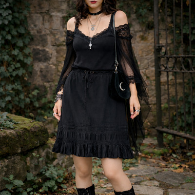 Y2K Whimsigoth Black Midi Skirt Ruffle Hem Prairie Goth Grunge Dark Romantic 8