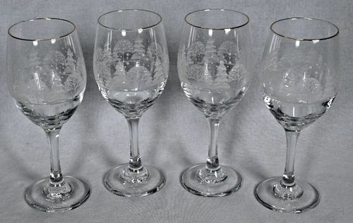 Set of (4) Libbey Arbys Winter Scenery Frosted Pine Trees Wine Goblets Gold Rim
