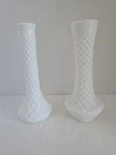 2 Vintage Hoosier Milk Glass Quilted Diamond Pattern Vase  9" Tall