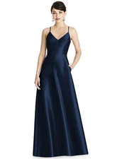 Alfred Sung Womens Crossback Satin Twill A-Line Gown 0 Midnight - NWT