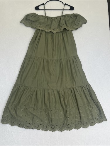 Damen grünes schulterfreies Maxikleid bestickt Größe M Gypsy Cottagecore