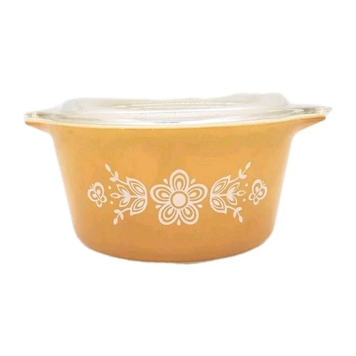 Pyrex Butterfly Gold 1 Qt Round Casserole With Lid Vintage 70s