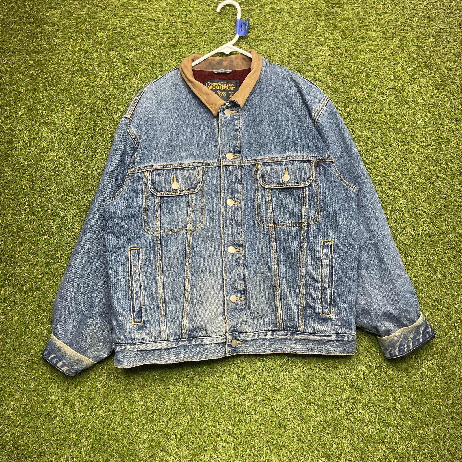 Woolrich Jacket Mens Large Blue Denim Bomber Lined Insulated Winter Workwear