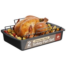 BAKKEN Nonstick Turkey Roasting Pan with Rack 17 x 13-Inch Gray Marble Finish