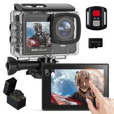 4K 60FPS Touchscreen Action Camera, Waterproof Camera with 64GB SD Card 8X Zo...