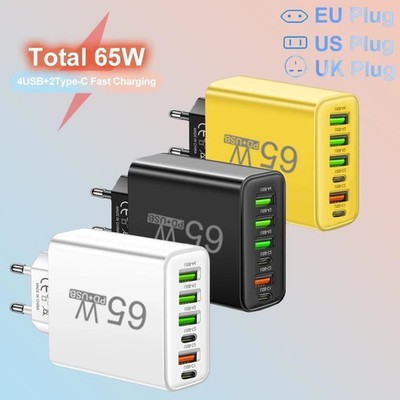 65W USB Fast Charger 6-Port Quick Charging Adapter For iPhone Samsung Xiaomi