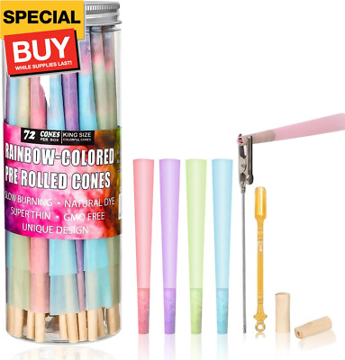 Colorful Pre Rolled Cones -72 Pack Rainbow King Size Cones Rolling Paper, Slow B