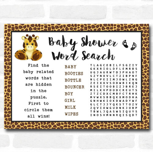 Giraffe Animal Print Baby Shower Games Word Search Cards - Picture 1 of 1