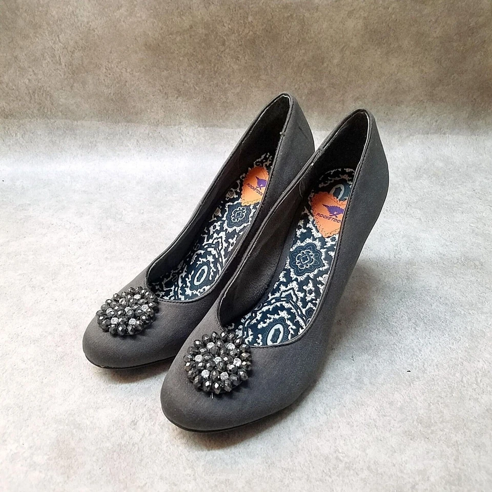 RocketDog Womens C249 Size 9.5 Gray Slip On Jeweled Heel Pumps - Image 3 of 4
