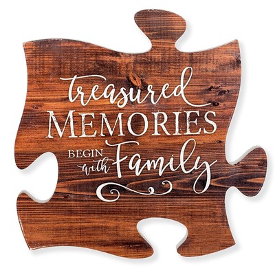 Treasured Memories Begin With Family Distressed Wood Puzzle Piece