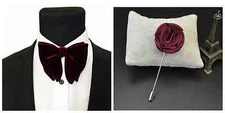 Mens FERUCCI COMBO SET  Oversized Bow Tie - Burgundy Velvet Bowtie and Lapel Pin