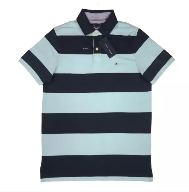 TOMMY HILFIGER Men\'s TH FLEX Slim Fit Striped Polo Shirt Navy and Sky Blue  S,M,L