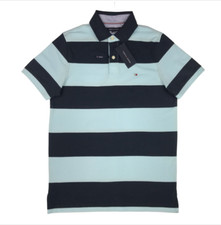 Image of TOMMY HILFIGER Men's TH FLEX Slim Fit Striped Polo Shirt Navy and Sky Blue S,M,L