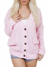 Ladies Women Chunky Winter Long Sleeve Aran Cable Knitted Granddad Cardigan