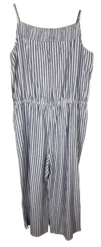 NEW Beach Lunch Lounge Pants Romper Jumpsuit L Blue White Stripe Linen Blend NWT - Picture 2 of 4